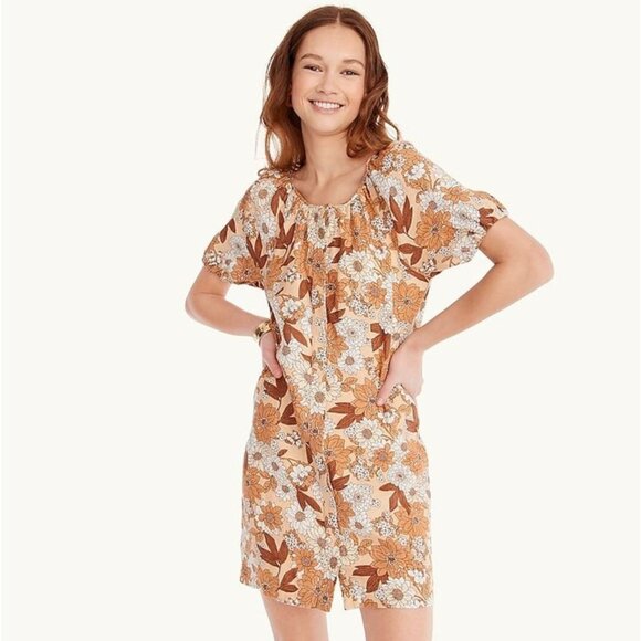 J Crew Zinnia Floral V-Back Linen Mini Dress Camel Brown size 12 NWT - Picture 2 of 15